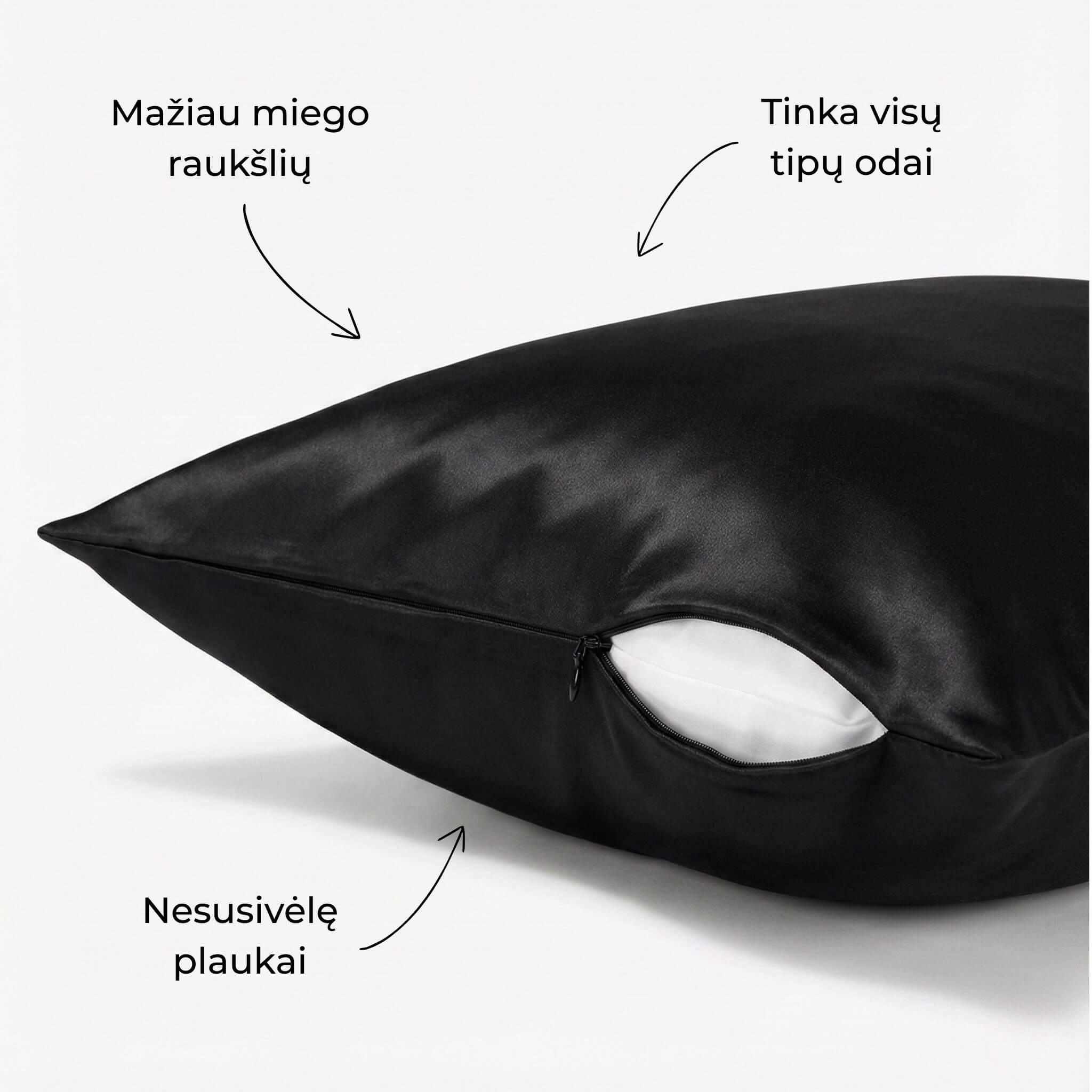 Juodos spalvos 19 momų šilkinis pagalvės užvalkalas su paslėptu užtrauktuku – Milvi