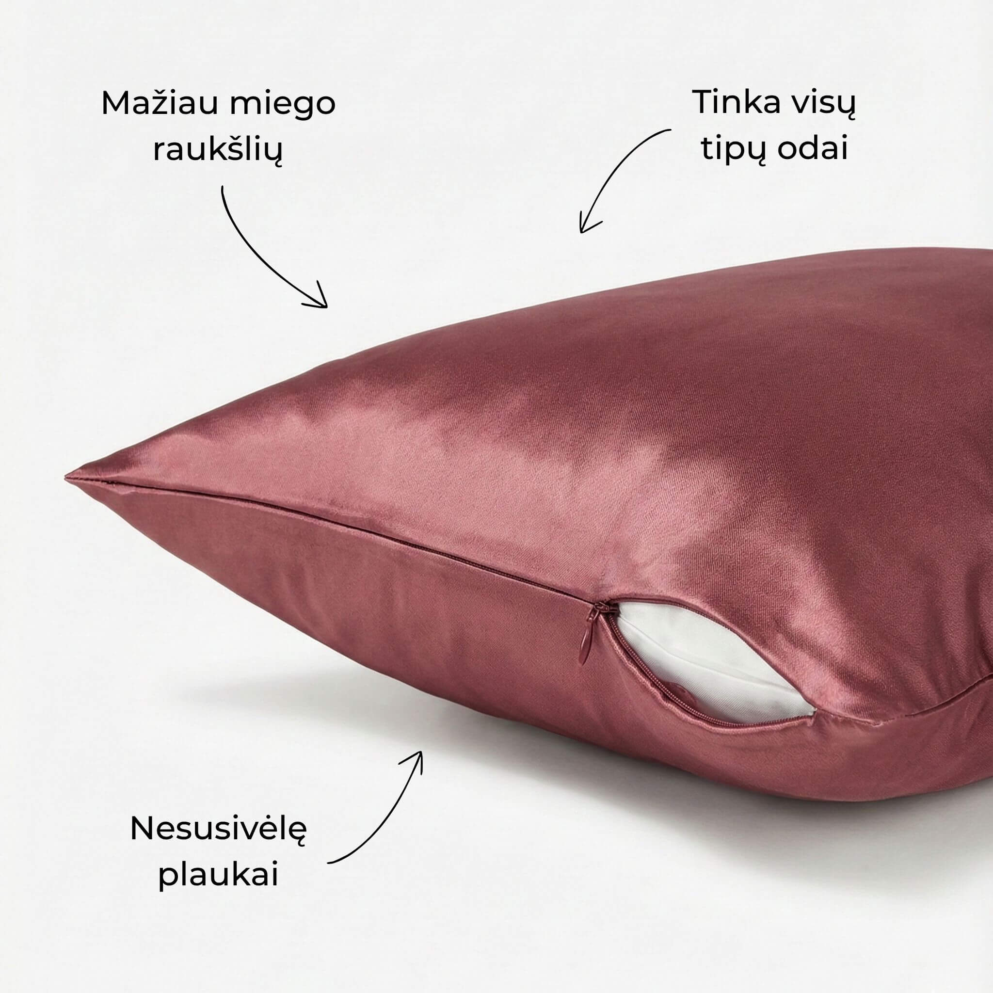 Pelenų rožinės spalvos 19 momų šilkinis pagalvės užvalkalas su paslėptu užtrauktuku – Milvi