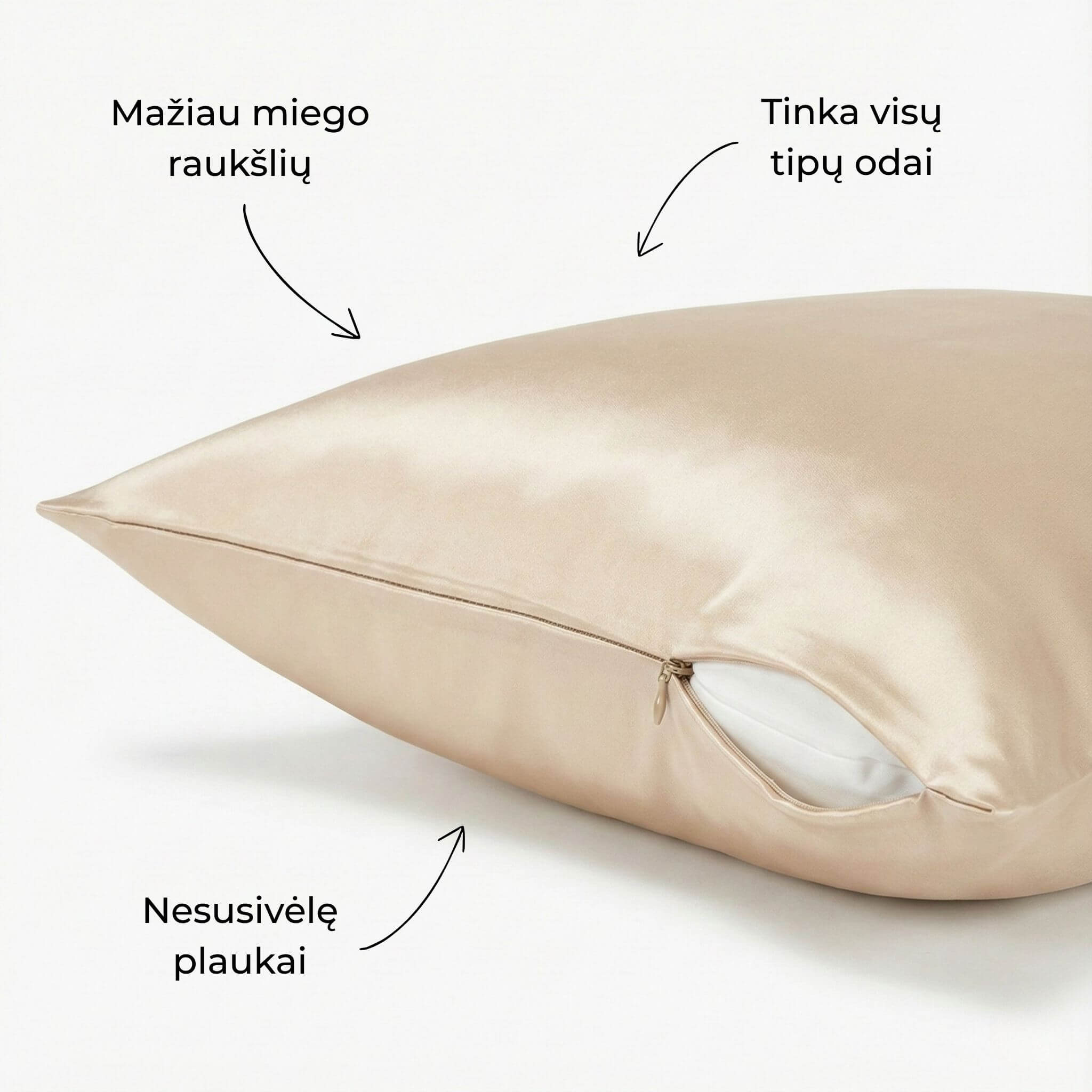 Šampano spalvos 19 momų šilkinis pagalvės užvalkalas su paslėptu užtrauktuku – Milvi