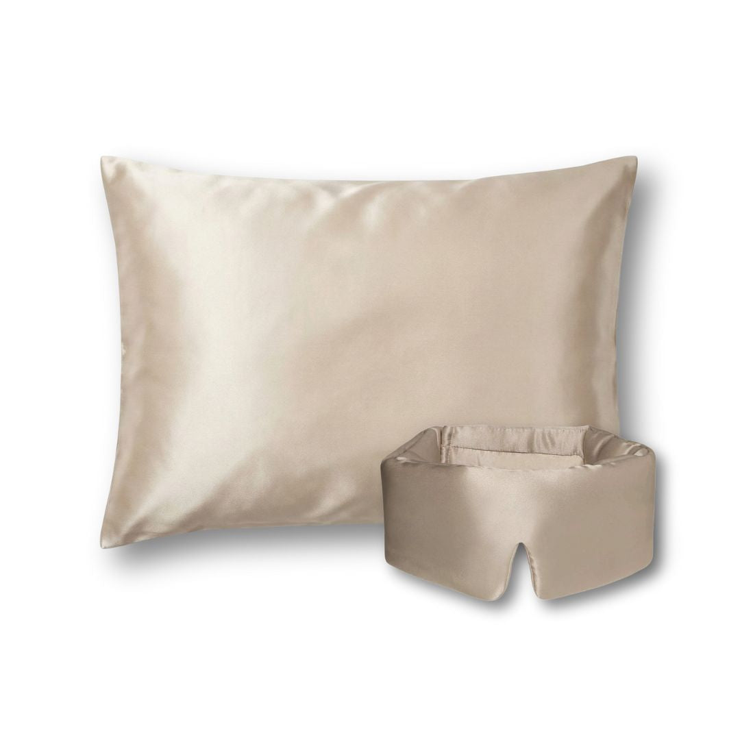 Šampaninės spalvos 19 momų mulberry šilko pagalvės užvalkalas ir miego kaukė – apsaugo nuo mieog raukšlių – Milvi