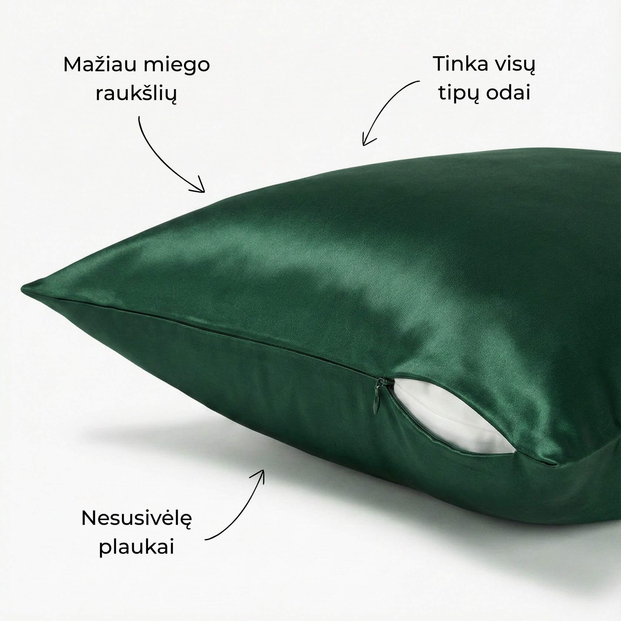 Tamsiai žalios spalvos 19 momų šilkinis pagalvės užvalkalas su paslėptu užtrauktuku – Milvi