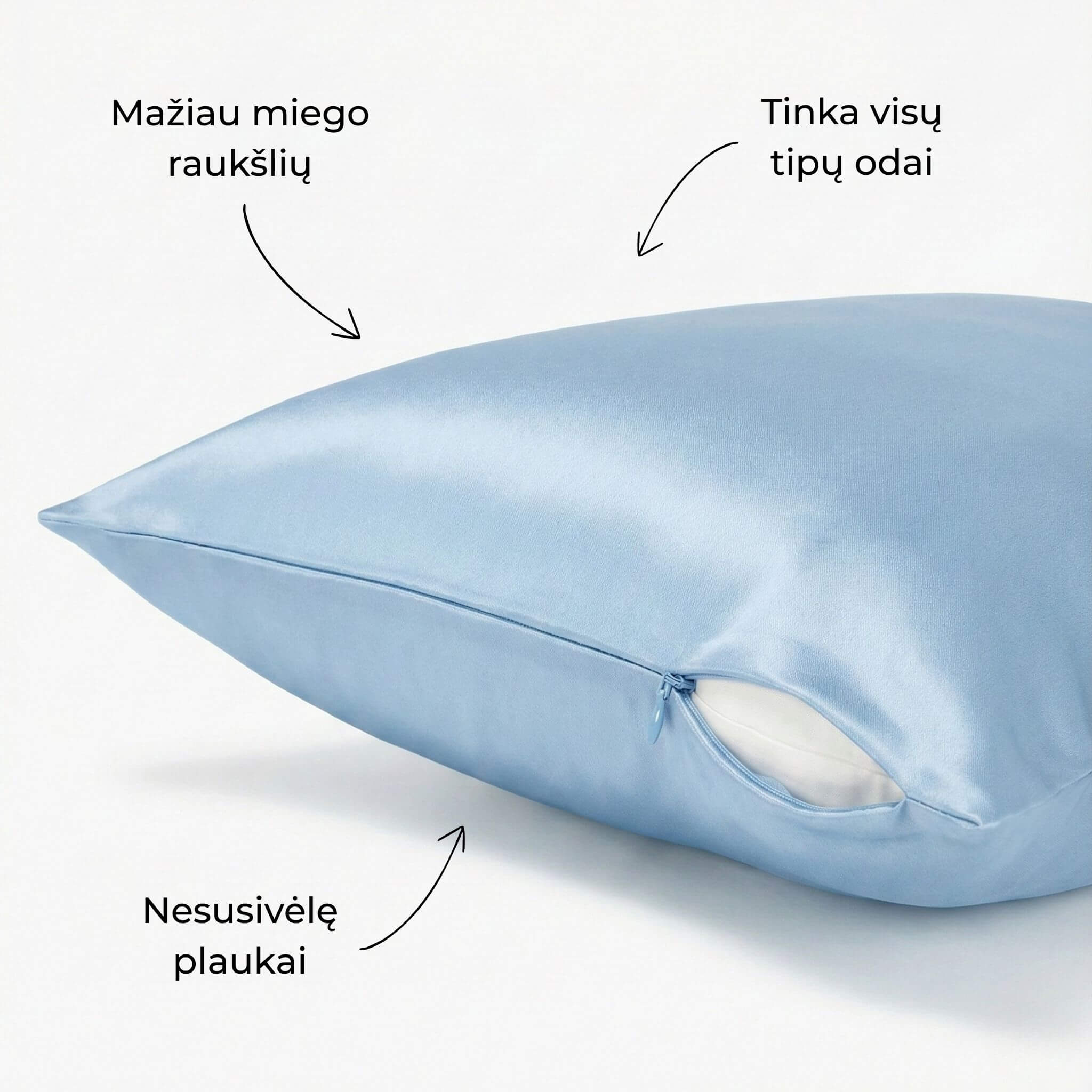 Šviesiai mėlynos spalvos 19 momų šilkinis pagalvės užvalkalas su paslėptu užtrauktuku – Milvi