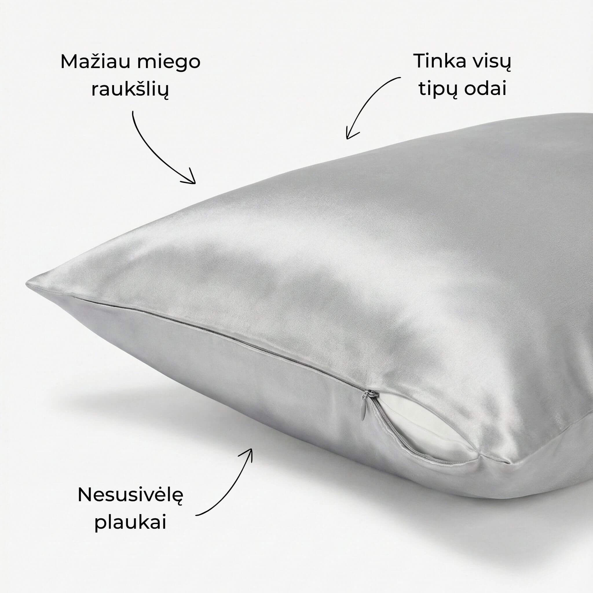 Pilkos spalvos 19 momų šilkinis pagalvės užvalkalas su paslėptu užtrauktuku – Milvi