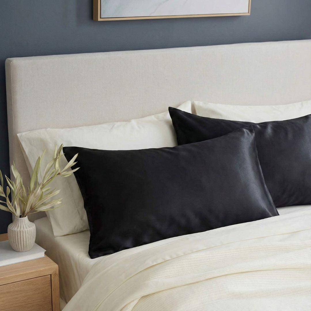 Juodos spalvos 19 momų mulberry šilkiniai pagalvės užvalkalai – glotni tekstūra ir šilkinis komfortas kokybiškam miegui – Milvi