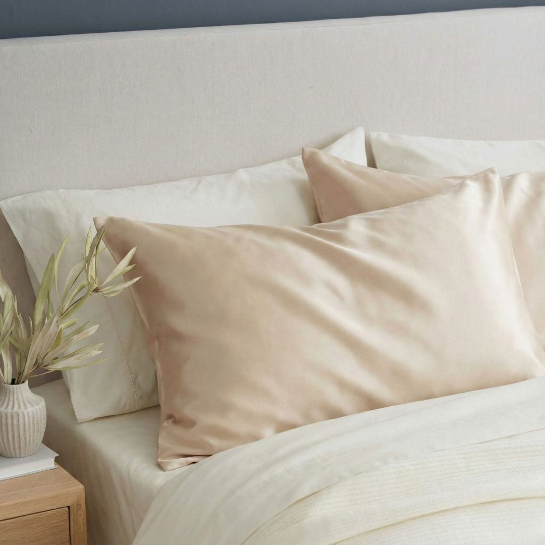 Šampaninės spalvos 19 momų mulberry šilkiniai pagalvės užvalkalai – glotnūs, prabangūs ir puoselėjantys odą bei plaukus – Milvi