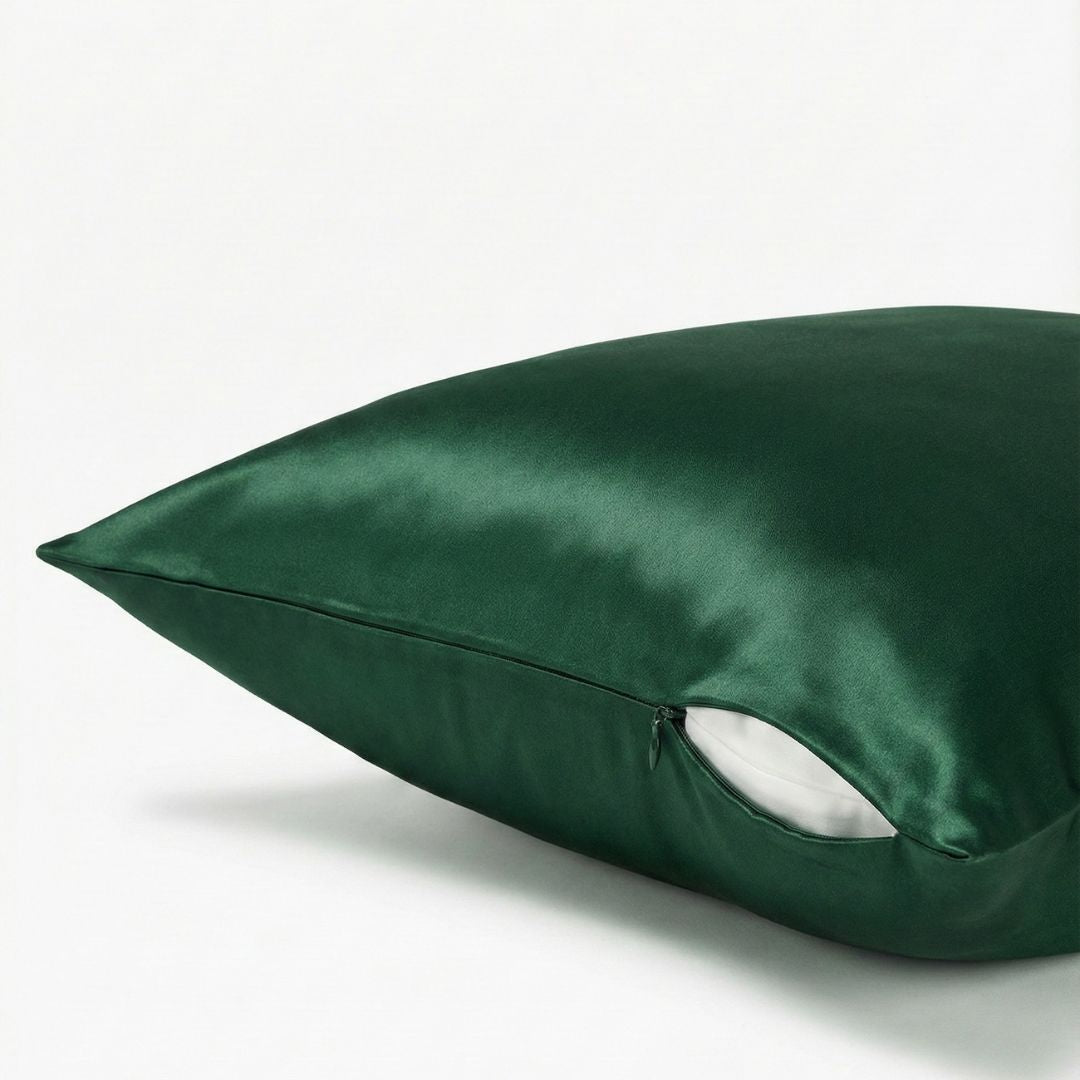 Tamsiai žalios spalvos 19 momų šilkinis pagalvės užvalkalas su paslėptu užtrauktuku – Milvi