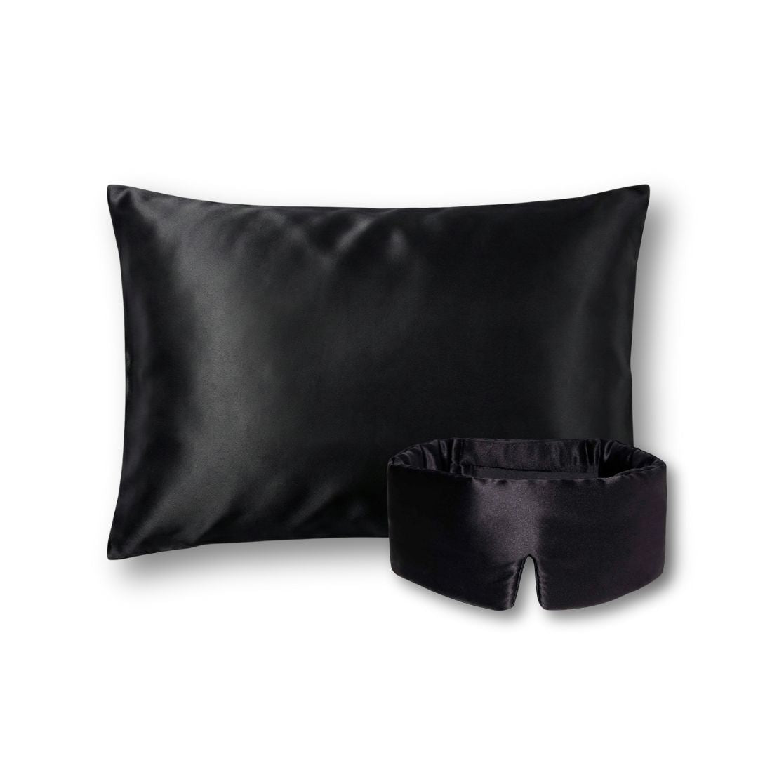 Juodos spalvos 19 momų mulberry šilko rinkinys - pagalvės užvalkalas ir miego kaukė – Milvi
